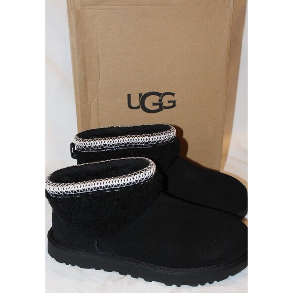 UGG Women's Classic Ultra Mini Maxi Curly Suede Shearling Lined Boots Black - Picture 3 of 7